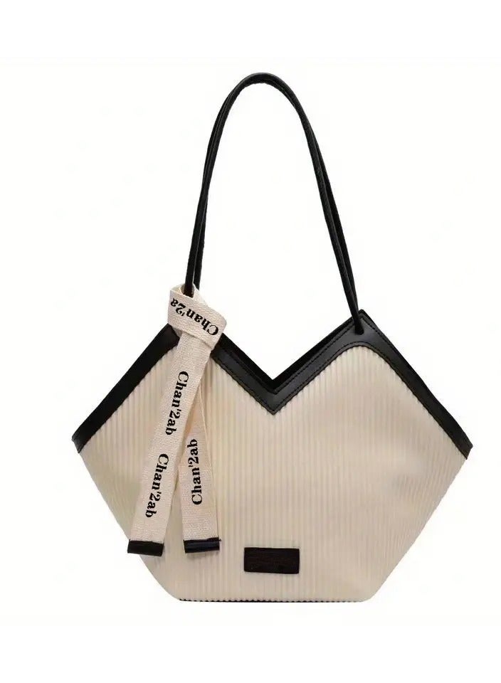Chia Fashion Striped Pattern Tote Bag, Niche Design V-Shaped Shoulder Bag, Women's Handbag For Commuter, School - Image 1