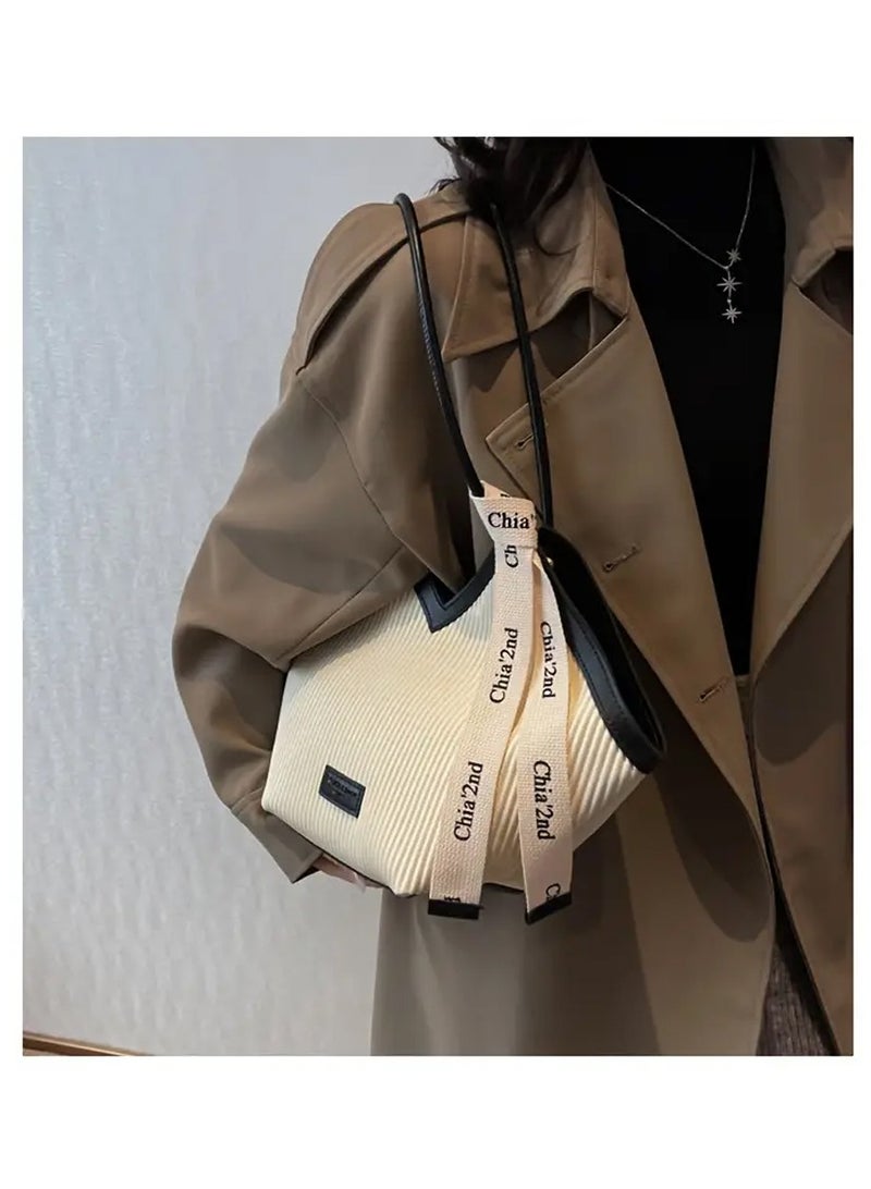 Chia Fashion Striped Pattern Tote Bag, Niche Design V-Shaped Shoulder Bag, Women's Handbag For Commuter, School - Image 5