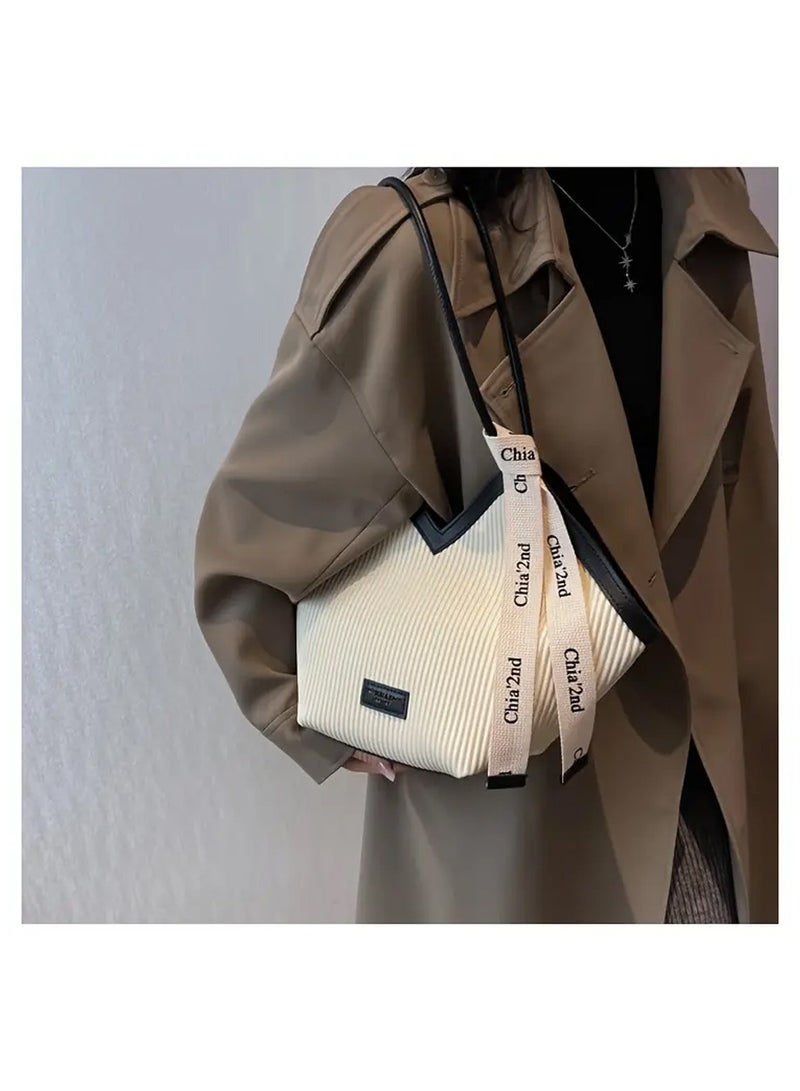 Chia Fashion Striped Pattern Tote Bag, Niche Design V-Shaped Shoulder Bag, Women's Handbag For Commuter, School - Image 3