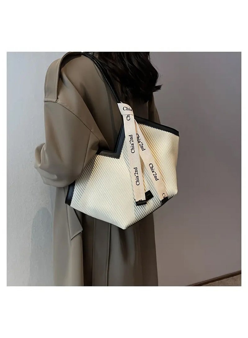 Chia Fashion Striped Pattern Tote Bag, Niche Design V-Shaped Shoulder Bag, Women's Handbag For Commuter, School - Image 4