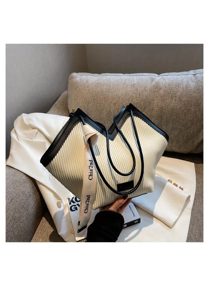 Chia Fashion Striped Pattern Tote Bag, Niche Design V-Shaped Shoulder Bag, Women's Handbag For Commuter, School - Image 2