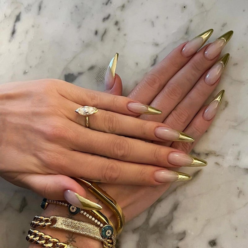 MERVF Long Stiletto Press on Nails Gold French Tip Fake Nails Almond Glue ons with Design Acrylic False Nail Glossy 24pcs - Image 1