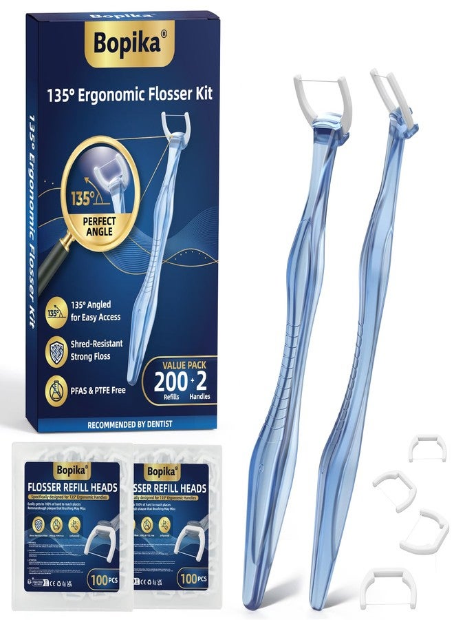 Bopika 135° Angled Flossers, Long Handle Dental Floss Picks for Deep Reach Back Teeth & Tight Spaces, Starter Kit with 2 Reusable Handles & 200 Twist-to-Lock Replacement Heads, Blue - Image 1