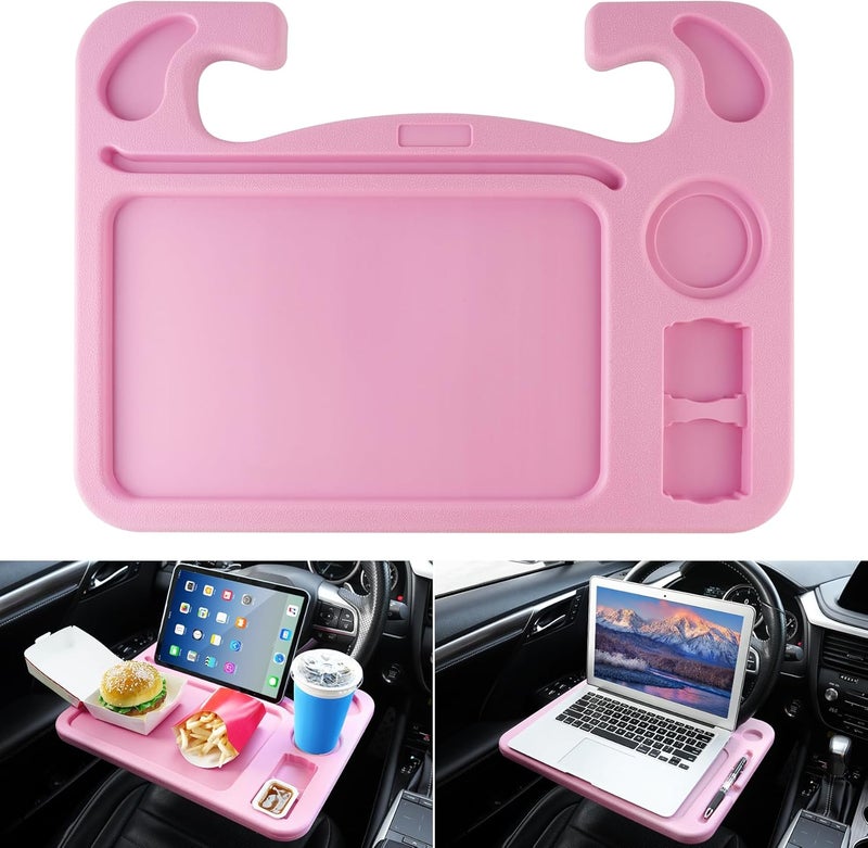 JUSTTOP 4 in 1 Car Steering Wheel Desk for Laptop,Versatile Upgraded Car Seat Tray,Spacious Steering Wheel Table with Tablet Holder and Dual Sauce Racks,Steering Wheel Under Table Console (Large+Pink) - Image 1