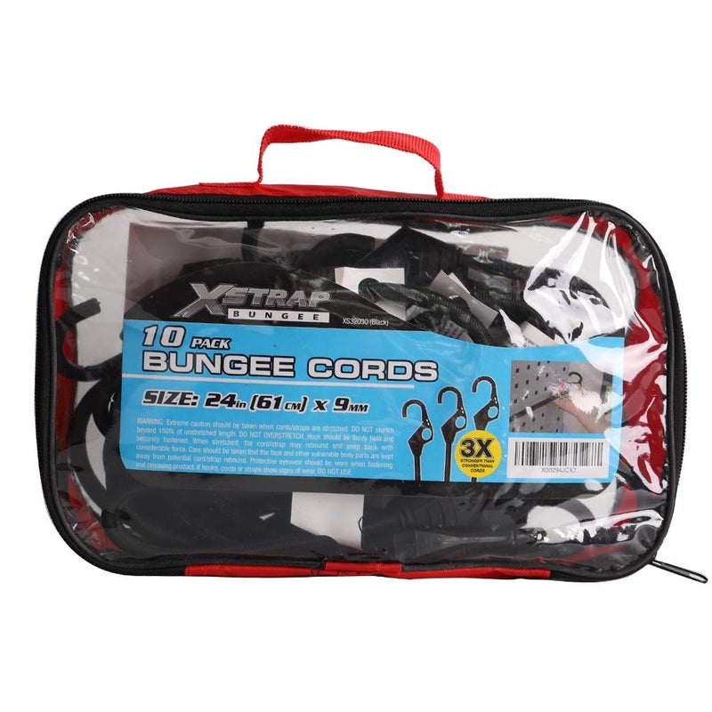 Xstrap Standard 10Pk Bungee Cords With Finger-Hole Design Hooks Ensures 3-Time Strength, Comes In A Zippered Storage Bag, Elastic From 24 To 36 Inches - Image 2