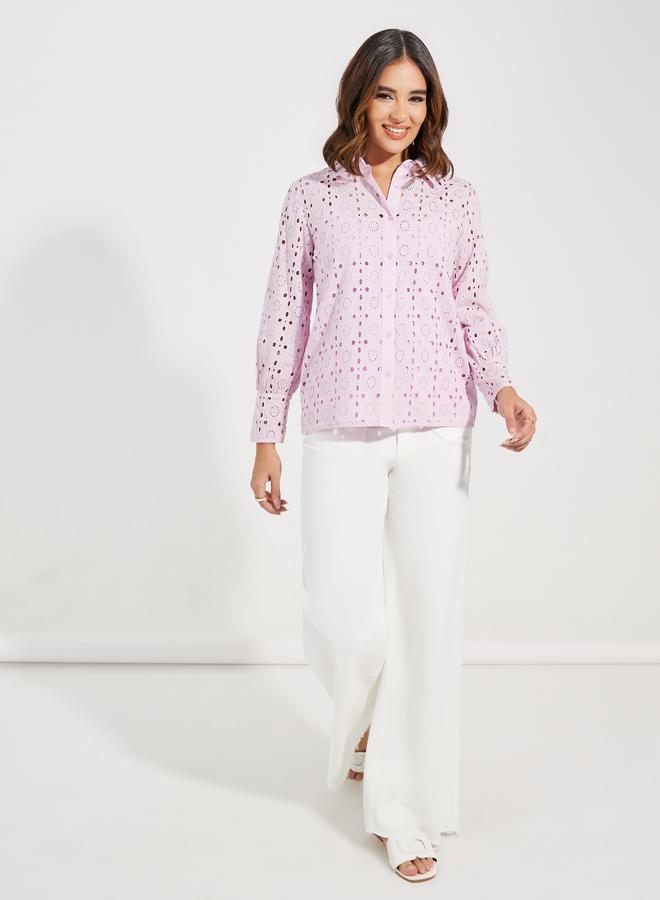 Styli Schiffli Button Placket Shirt & Inner Cami Set - Image 3