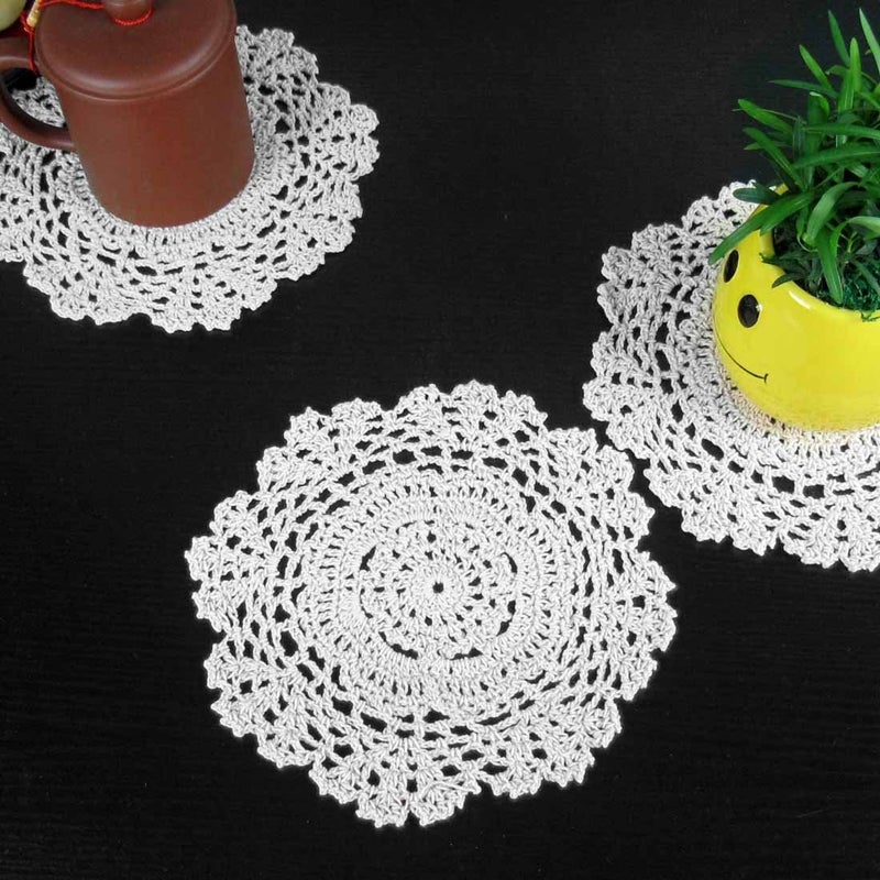 kilofly Crochet Cotton Lace Table Placemats Doilies Value Pack  4pc  White  Floral  7 inch - Image 3