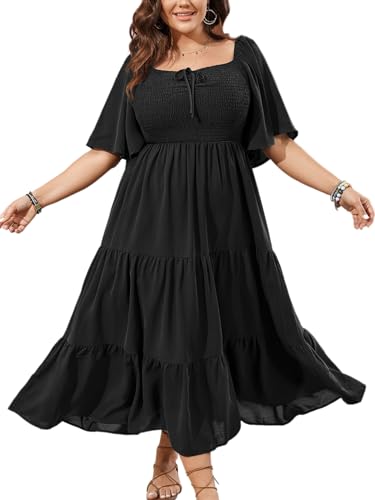 SCOMCHIC Women's Plus Size Flowy Maxi Dress Flutter Short Sleeve Boho Dress Square Neck Smocked Formal Dresses for Women Black - Image 4