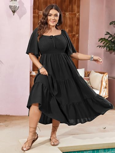 SCOMCHIC Women's Plus Size Flowy Maxi Dress Flutter Short Sleeve Boho Dress Square Neck Smocked Formal Dresses for Women Black - Image 5