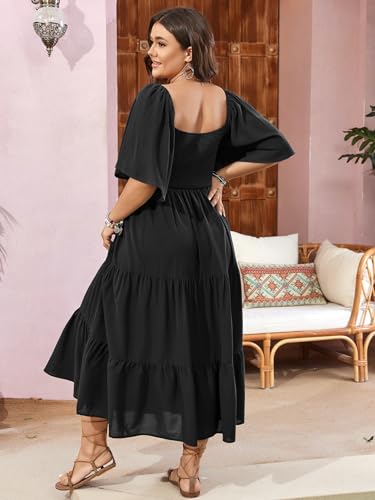 SCOMCHIC Women's Plus Size Flowy Maxi Dress Flutter Short Sleeve Boho Dress Square Neck Smocked Formal Dresses for Women Black - Image 2