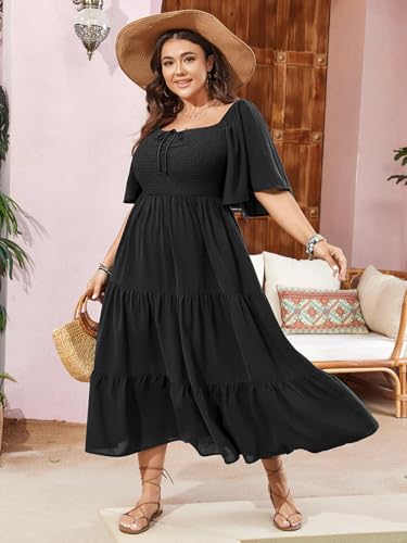 SCOMCHIC Women's Plus Size Flowy Maxi Dress Flutter Short Sleeve Boho Dress Square Neck Smocked Formal Dresses for Women Black - Image 3