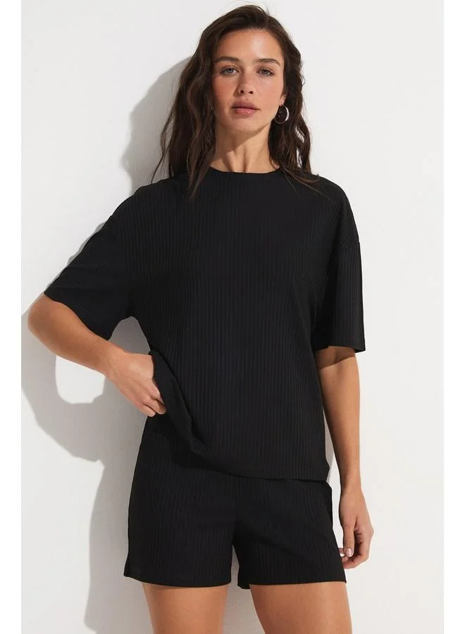 JUNE June Women Viscose Blend Camisole Tshirt Short Knitted Set Black