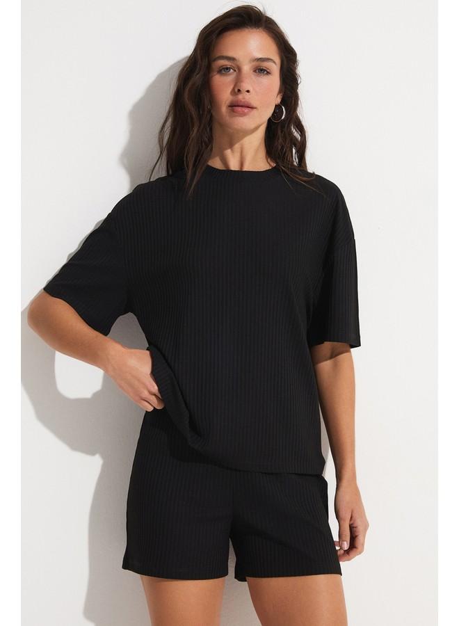 جون طقم شورت كاميسول محبوك نسائي من فيسكوز يونيو - أسود - Image 4