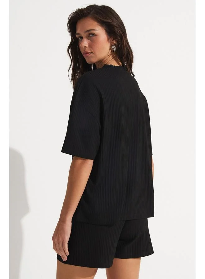 JUNE June Women Viscose Blend Camisole Tshirt Short Knitted Set Black