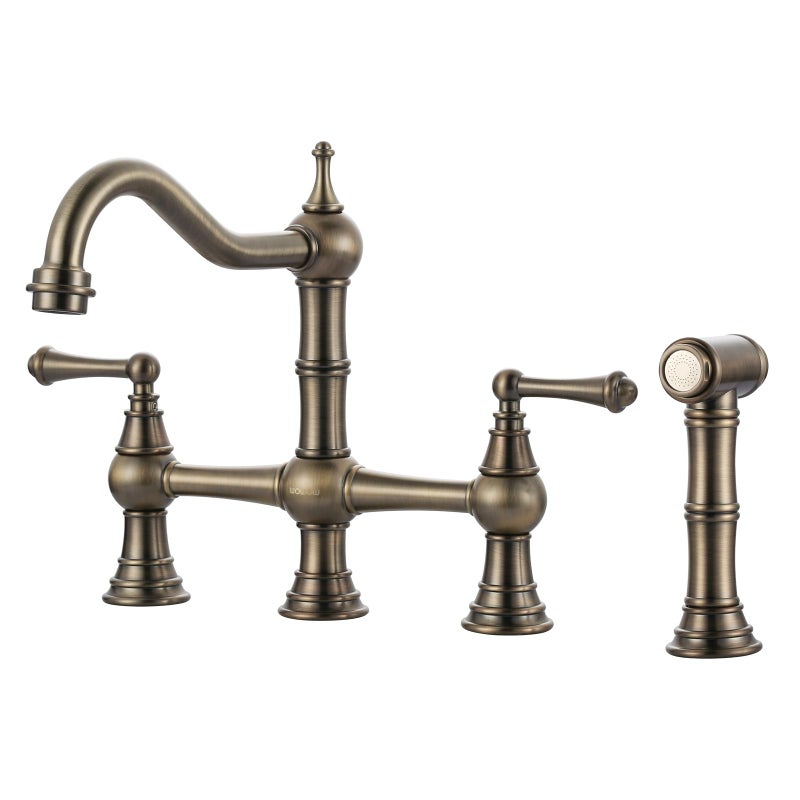 WOWOW Bridge Kitchen Faucet with Side Sprayer WOWOW Solid Brass Kitchen Faucet for Sink 4 Hole Antique Bronze Kitchen Sink Faucet Two Handle 8 Inch Centerset Bridge Faucet Victorian Style - Image 2