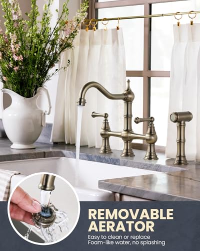 WOWOW Bridge Kitchen Faucet with Side Sprayer WOWOW Solid Brass Kitchen Faucet for Sink 4 Hole Antique Bronze Kitchen Sink Faucet Two Handle 8 Inch Centerset Bridge Faucet Victorian Style - Image 3