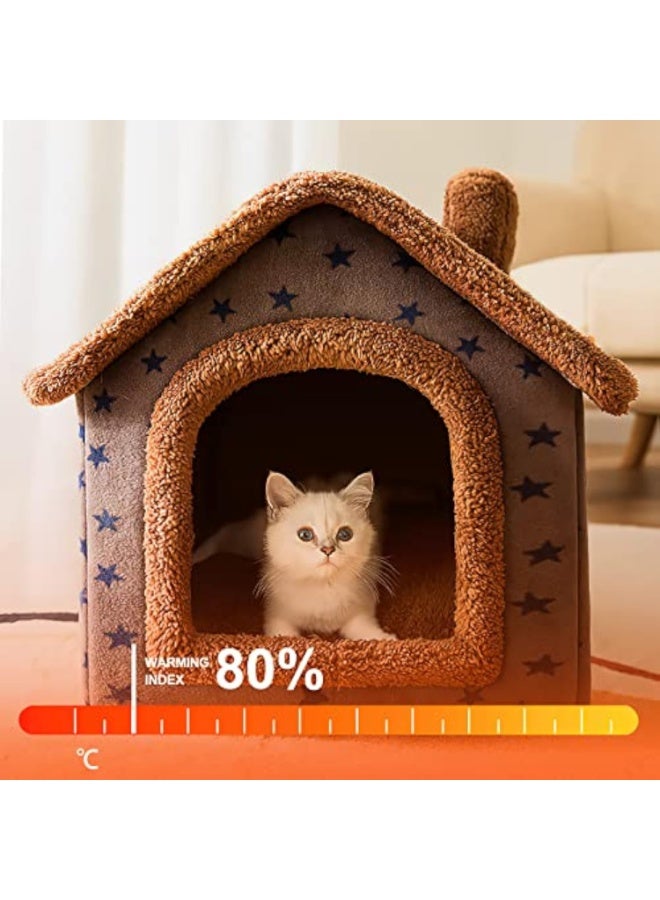 cat cave bed, washable dog bed, warm and cosy plush cat igloo, foldable comfortable pet cat house, pet bed with non-slip base (M, brown stars) - Image 3