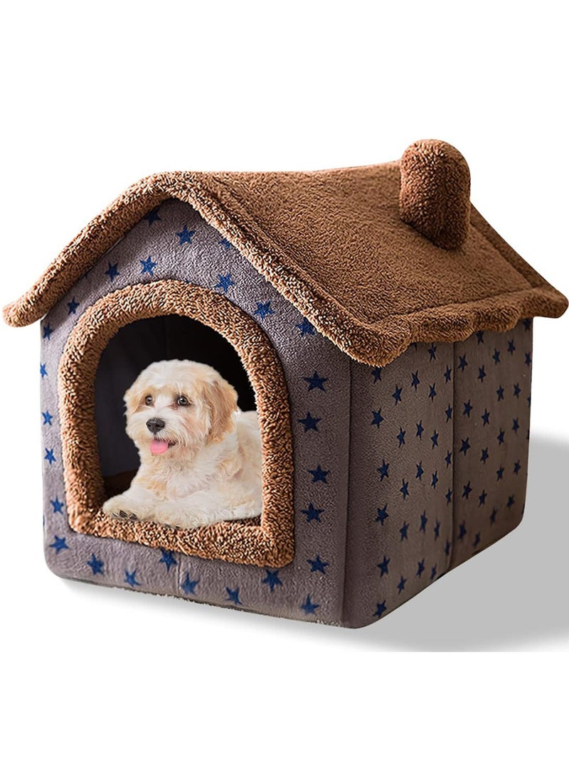 cat cave bed, washable dog bed, warm and cosy plush cat igloo, foldable comfortable pet cat house, pet bed with non-slip base (M, brown stars) - Image 1