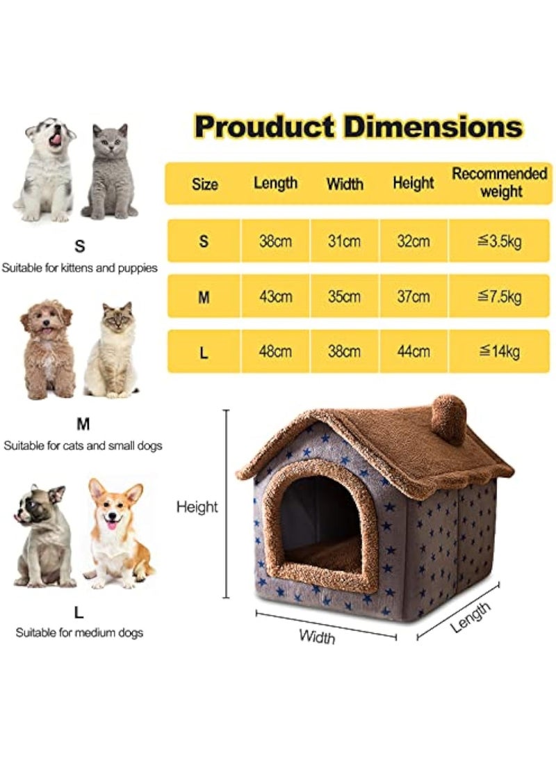 cat cave bed, washable dog bed, warm and cosy plush cat igloo, foldable comfortable pet cat house, pet bed with non-slip base (M, brown stars) - Image 5