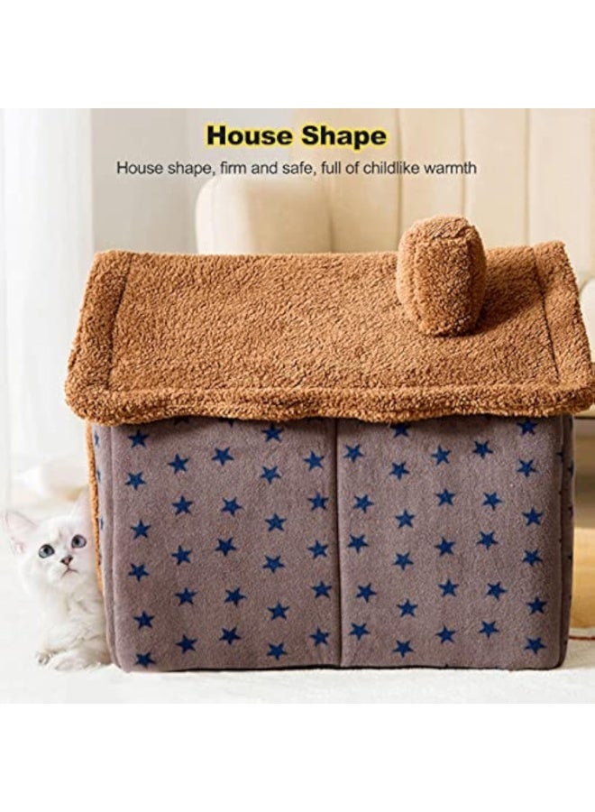 cat cave bed, washable dog bed, warm and cosy plush cat igloo, foldable comfortable pet cat house, pet bed with non-slip base (M, brown stars) - Image 4