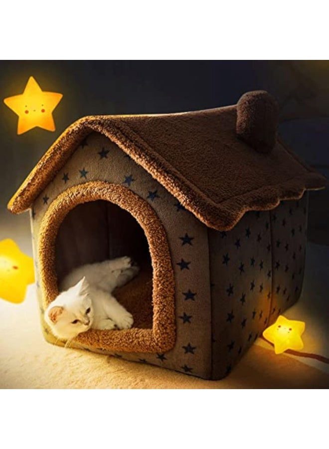 cat cave bed, washable dog bed, warm and cosy plush cat igloo, foldable comfortable pet cat house, pet bed with non-slip base (M, brown stars) - Image 2