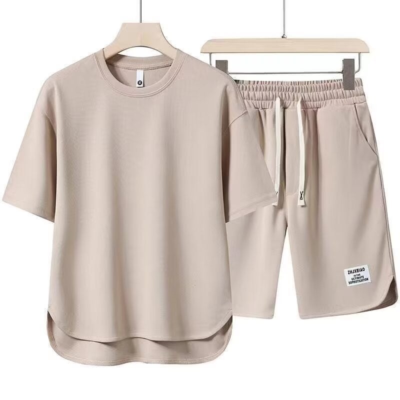 Mens Casual suit Two-Piece plus size Loose Slimming Short-Sleeved Shortcut Pants Summer New Solid Color Simple suit apricot 