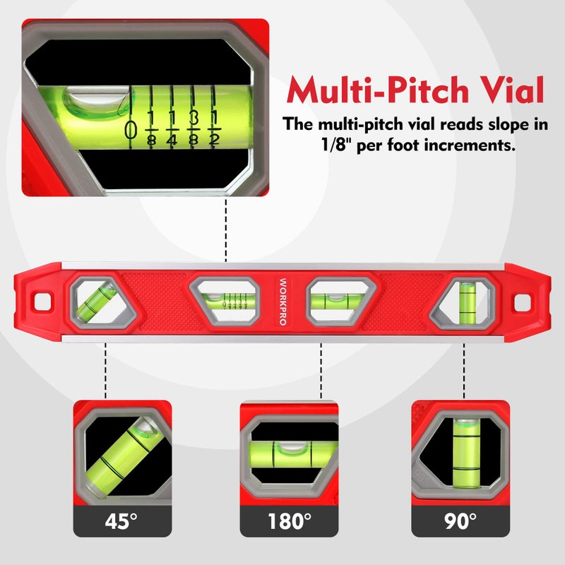 WORKPRO 12 Inch Torpedo Level, Magnetic Small Leveler Tool, Plumbing Level with Pitch Vial, Aluminum Reinforced, 4 Bubbles, V-Groove for Conduit Bending - Image 2