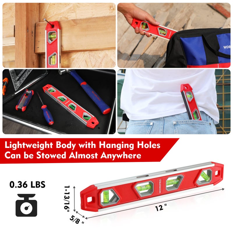 WORKPRO 12 Inch Torpedo Level, Magnetic Small Leveler Tool, Plumbing Level with Pitch Vial, Aluminum Reinforced, 4 Bubbles, V-Groove for Conduit Bending - Image 5
