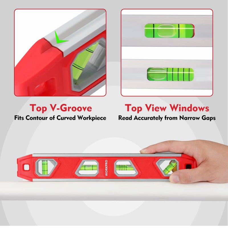 WORKPRO 12 Inch Torpedo Level, Magnetic Small Leveler Tool, Plumbing Level with Pitch Vial, Aluminum Reinforced, 4 Bubbles, V-Groove for Conduit Bending - Image 4