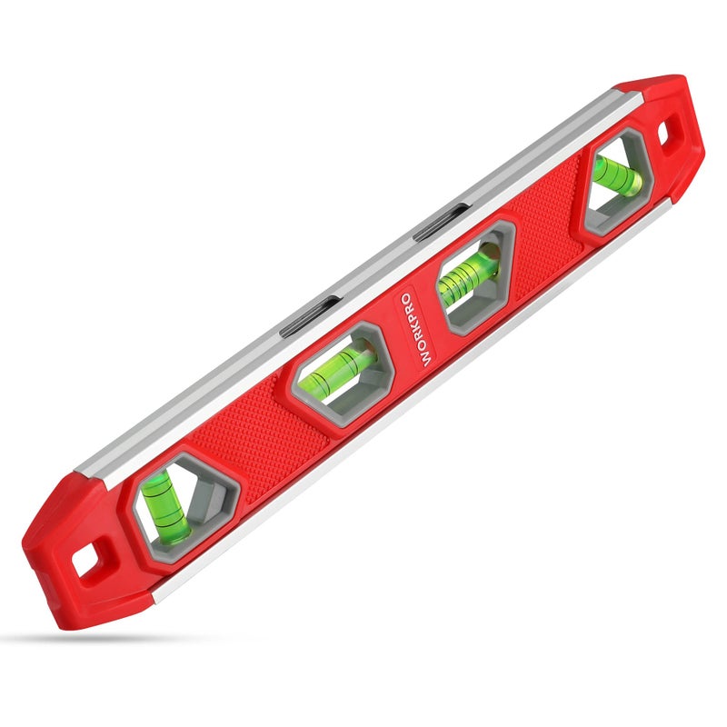 WORKPRO 12 Inch Torpedo Level, Magnetic Small Leveler Tool, Plumbing Level with Pitch Vial, Aluminum Reinforced, 4 Bubbles, V-Groove for Conduit Bending - Image 1