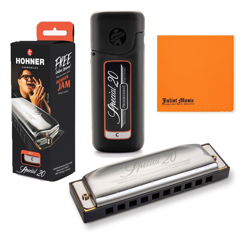 Hohner Harmonica Special 20 Key C Progressive Series 560PBXC 10 Holes, Bundle with Hard Case, Juliet Music Polishing Cloth - Image 1