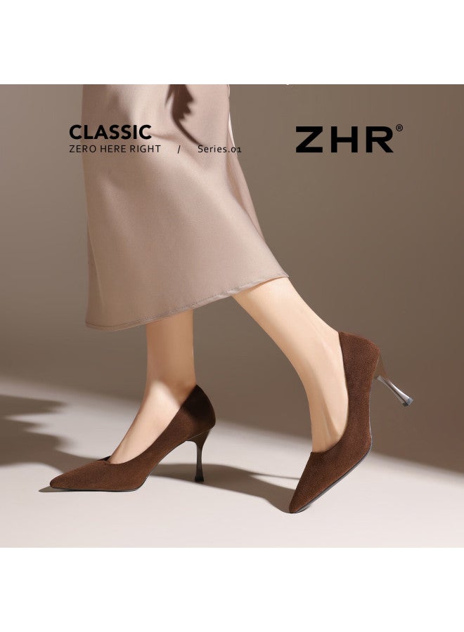 Zhr Zezer Suede High Heels Women  New French Style Pointed Toe Solid Color Commuting Work Leather Shoes Bq117f Coffee Color Size 35 - Image 2