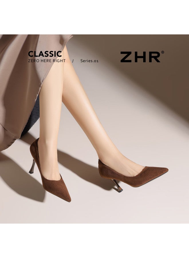 Zhr Zezer Suede High Heels Women  New French Style Pointed Toe Solid Color Commuting Work Leather Shoes Bq117f Coffee Color Size 35 - Image 4