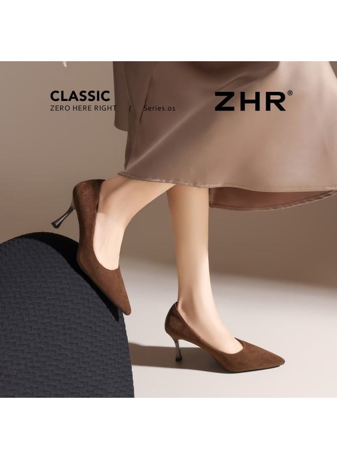 Zhr Zezer Suede High Heels Women  New French Style Pointed Toe Solid Color Commuting Work Leather Shoes Bq117f Coffee Color Size 35 - Image 3