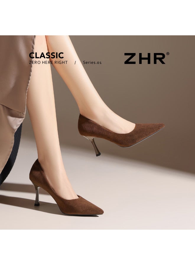 Zhr Zezer Suede High Heels Women  New French Style Pointed Toe Solid Color Commuting Work Leather Shoes Bq117f Coffee Color Size 35 - Image 1