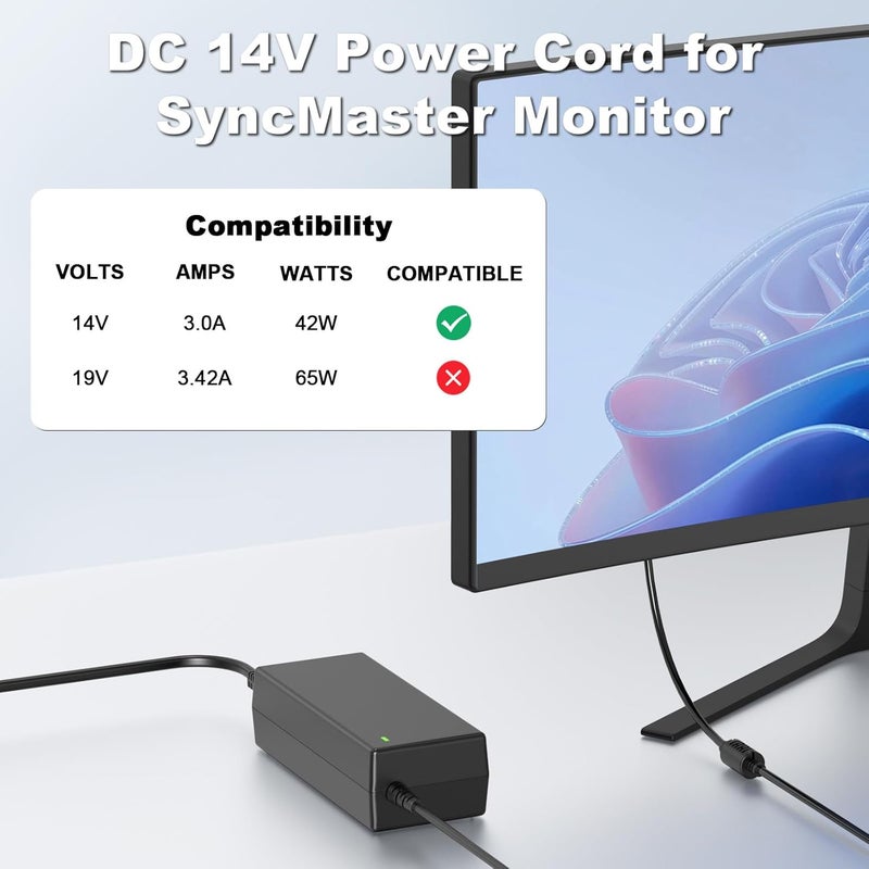 Syfrufo 14V Power Cord Compatible with Samsung Monitor - for Samsung SyncMaster Monitor 15" 17" 18" 19" 20" 22" 23" 24" 27" 32" S22C300H, C24F390FHN, S27D360H, S27B350H, S27E390H, UN22F5000AF Power Supply - Image 3