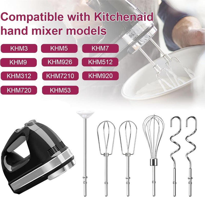 HWEIUA Hand Mixer Beaters Attachments, Whisk, Dough Hooks, and Liquid Blending Rod, Stainless Steel Hand Mixer Accessories Compatible with Kitchenaid Hand Mixers KHM3 KHM5 KHM7 KHM9, KHM926, KHM512, Set of 6 - Image 3