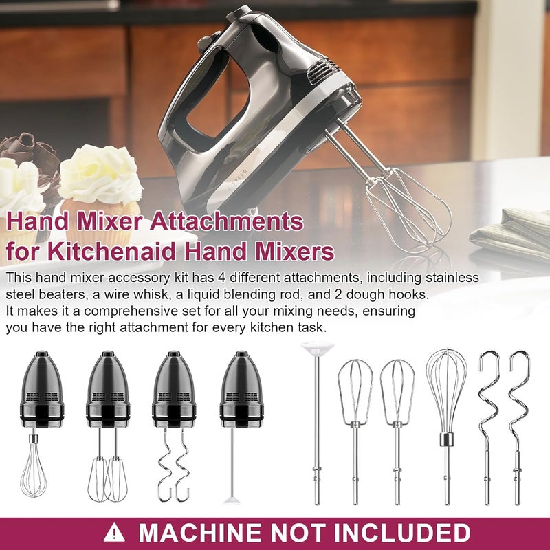HWEIUA Hand Mixer Beaters Attachments, Whisk, Dough Hooks, and Liquid Blending Rod, Stainless Steel Hand Mixer Accessories Compatible with Kitchenaid Hand Mixers KHM3 KHM5 KHM7 KHM9, KHM926, KHM512, Set of 6 - Image 2
