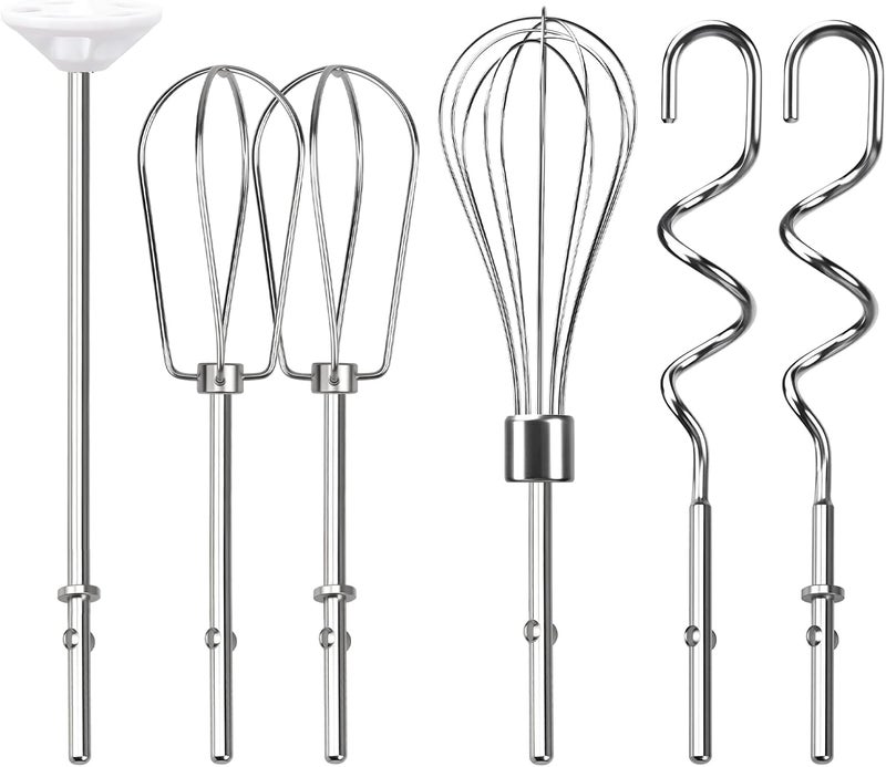 HWEIUA Hand Mixer Beaters Attachments, Whisk, Dough Hooks, and Liquid Blending Rod, Stainless Steel Hand Mixer Accessories Compatible with Kitchenaid Hand Mixers KHM3 KHM5 KHM7 KHM9, KHM926, KHM512, Set of 6 - Image 1