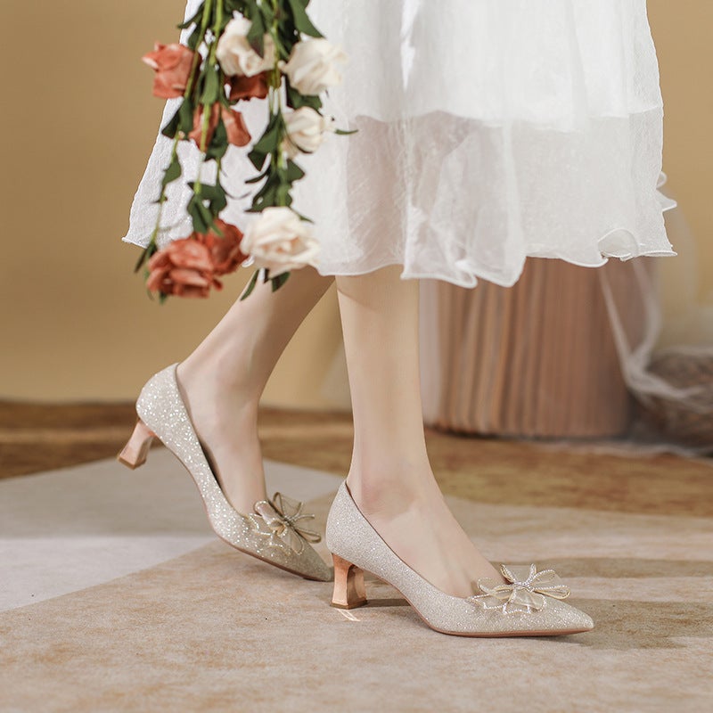 C588-19 Chunky Heel Pointed Wedding Shoes Bridal Shoes 2023 New High Heels French Versatile Plus Size 40-43 - Image 5