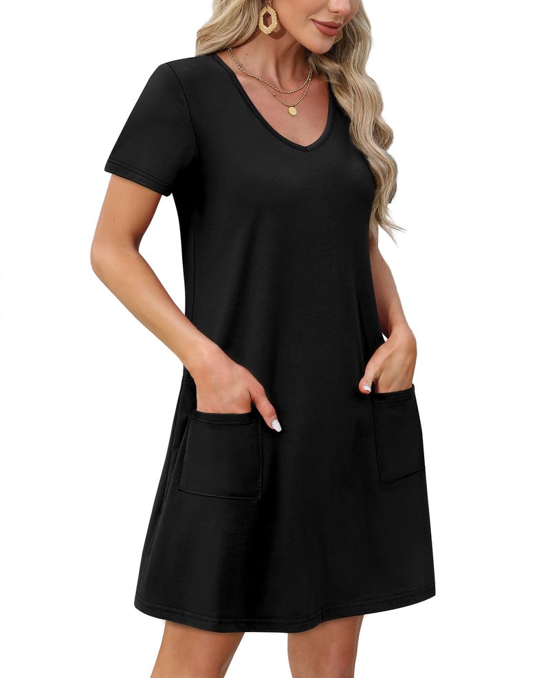 OFEEFAN Women's Casual Spring Dresses Beach Vacation Clothes for Women Fashion V Neck Tshirts Dress Short Sleeve Sundresses Swing Coverup Dress with Pockets Beach Vacation Essentials a Black XXL - Image 3