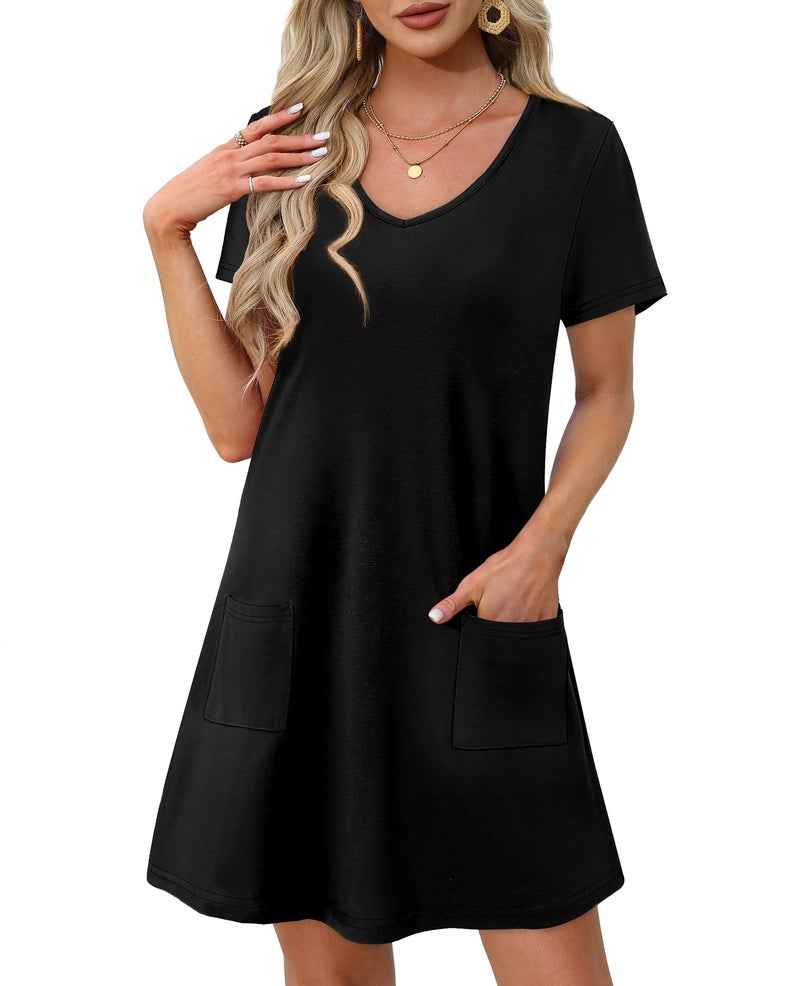 OFEEFAN Women's Casual Spring Dresses Beach Vacation Clothes for Women Fashion V Neck Tshirts Dress Short Sleeve Sundresses Swing Coverup Dress with Pockets Beach Vacation Essentials a Black XXL - Image 2