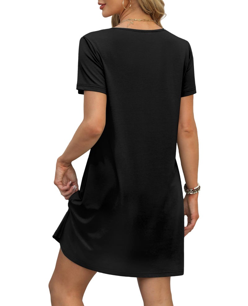 OFEEFAN Women's Casual Spring Dresses Beach Vacation Clothes for Women Fashion V Neck Tshirts Dress Short Sleeve Sundresses Swing Coverup Dress with Pockets Beach Vacation Essentials a Black XXL - Image 4