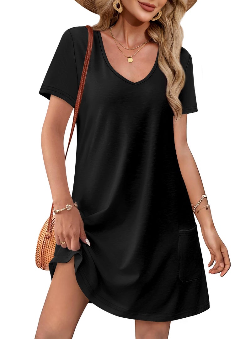 OFEEFAN Women's Casual Spring Dresses Beach Vacation Clothes for Women Fashion V Neck Tshirts Dress Short Sleeve Sundresses Swing Coverup Dress with Pockets Beach Vacation Essentials a Black XXL - Image 1
