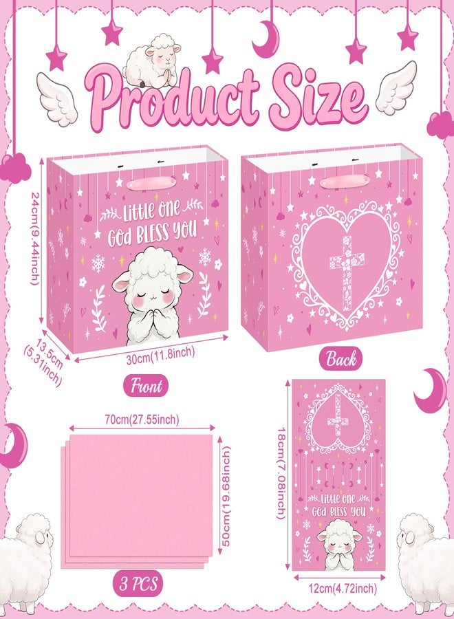 Woosytoo Pink Lamb Baptism Gift Bag for Baby Girls, God Bless You Religious Gift Bag with Greeting Card and Tissue Paper Christening First Holy Communion Party Supplies Girl Baptism Wrapping Paper Bag 11.8" - Image 3
