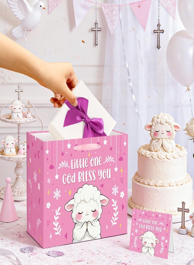 Woosytoo Pink Lamb Baptism Gift Bag for Baby Girls, God Bless You Religious Gift Bag with Greeting Card and Tissue Paper Christening First Holy Communion Party Supplies Girl Baptism Wrapping Paper Bag 11.8" - Image 4