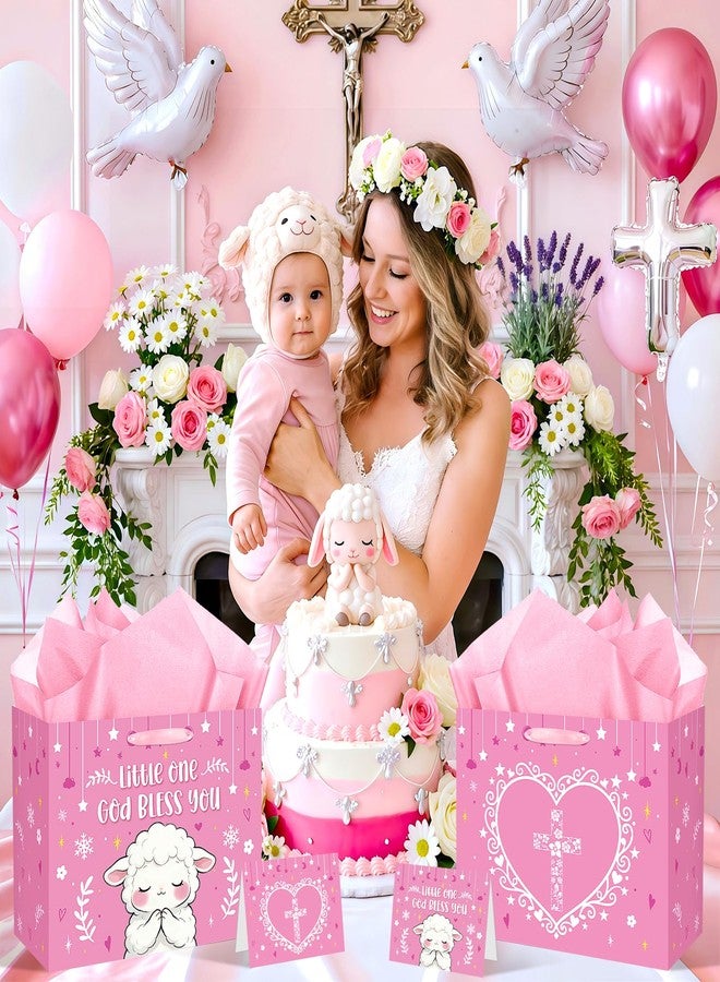 Woosytoo Pink Lamb Baptism Gift Bag for Baby Girls, God Bless You Religious Gift Bag with Greeting Card and Tissue Paper Christening First Holy Communion Party Supplies Girl Baptism Wrapping Paper Bag 11.8" - Image 2