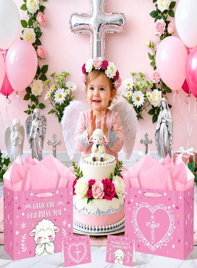 Woosytoo Pink Lamb Baptism Gift Bag for Baby Girls, God Bless You Religious Gift Bag with Greeting Card and Tissue Paper Christening First Holy Communion Party Supplies Girl Baptism Wrapping Paper Bag 11.8" - Image 5