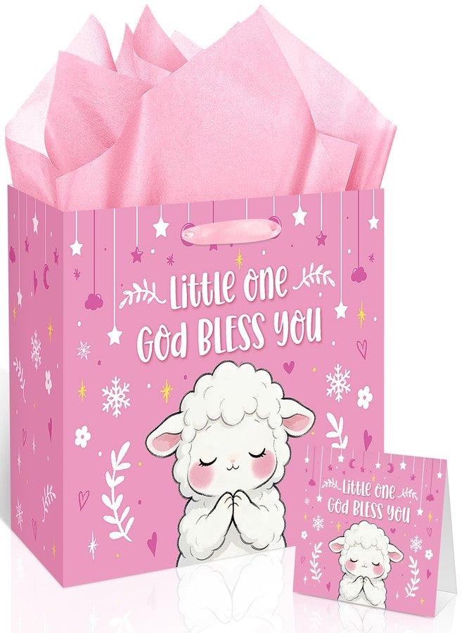 Woosytoo Pink Lamb Baptism Gift Bag for Baby Girls, God Bless You Religious Gift Bag with Greeting Card and Tissue Paper Christening First Holy Communion Party Supplies Girl Baptism Wrapping Paper Bag 11.8" - Image 1
