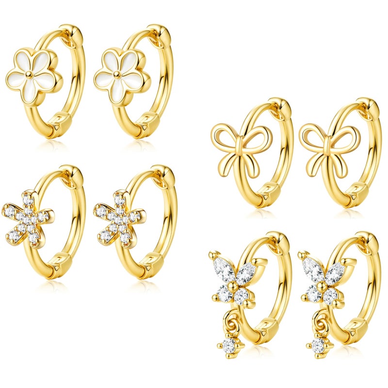 LOYALLOOK Small Hoop Earrings for Women Hypoallergenic Gold Huggie Hoop Earrings for Sensitive Ears Cute Flower Earrings CZ Bow Butterfly Earring Set 4pairs - Image 1